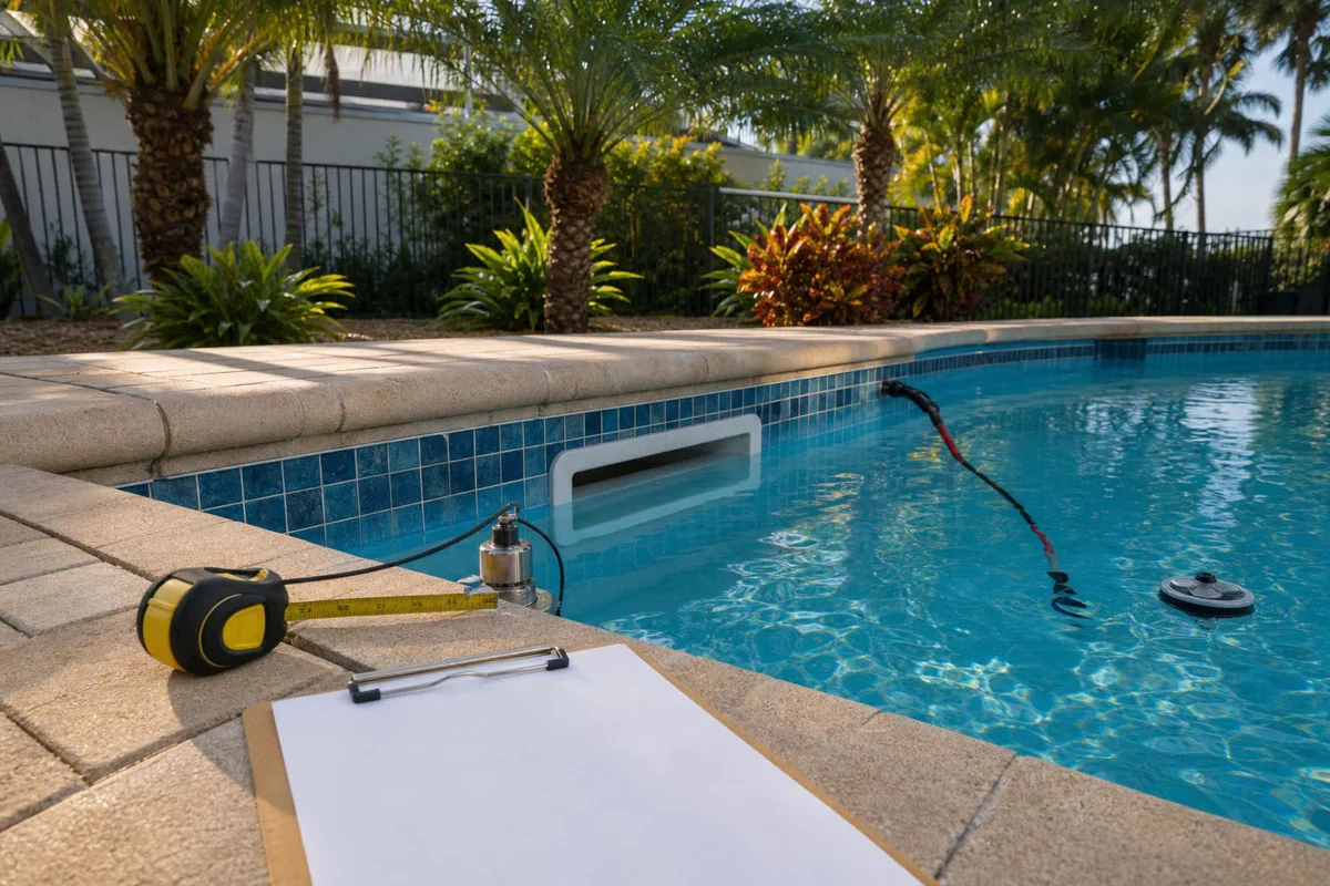 Port St. Lucie pool equipment and deck access context for scheduling leak detection